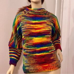 Vintage Handmade Rainbow Wool Blend Cowl Neck Sweater Size Small